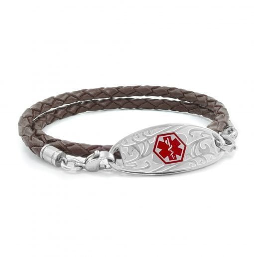 Double Wrap Braided Brown Leather Medical Alert Bracelet - 4mm (BFLD_4S_1)