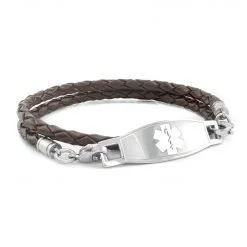 Double Wrap Braided Brown Leather Medical Alert Bracelet - 4mm (BFLD_4S_2)