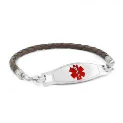 Single Wrap Braided Brown Leather Medical Alert Bracelet - 4mm (BFLS_4S_2)