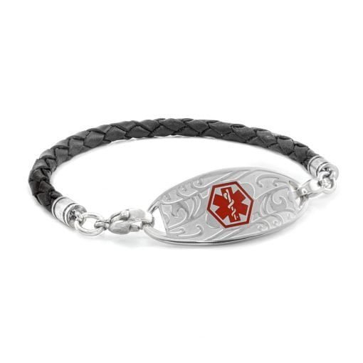 Single Wrap Braided Black Leather Medical Alert Bracelet - 4mm (KFLS_4S_1)