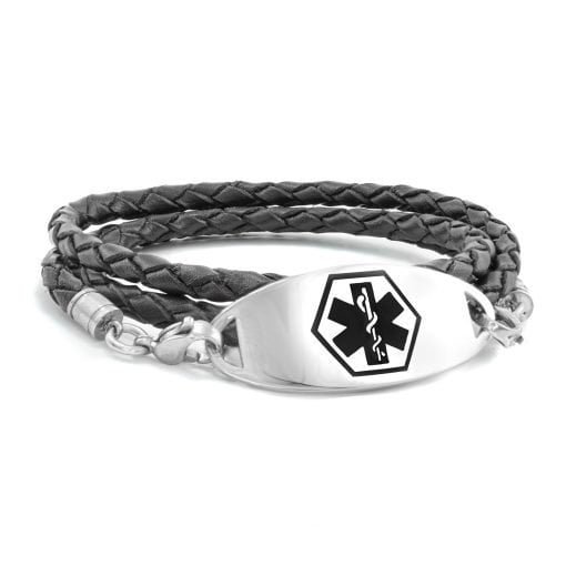 Triple Wrap Braided Black Leather Medical Alert Bracelet - 4mm (KFLT_4S_1)