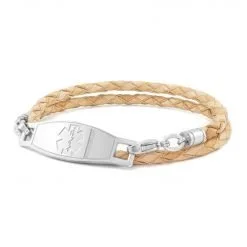 Double Wrap Braided Beige Leather Medical Alert Bracelet - 4mm (TFLD_4S_2)