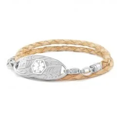 Double Wrap Braided Beige Leather Medical Alert Bracelet - 4mm (TFLD_4S_1)