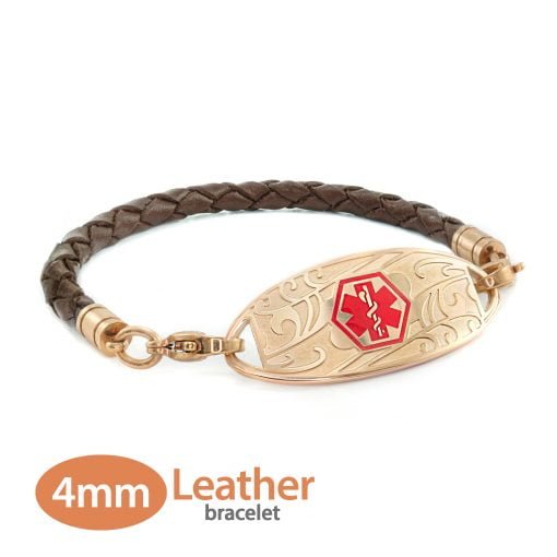 Single Wrap Braided Brown Leather Medical Alert Bracelet in Rose Gold Finish - 4mm (BFLS_4R_1)