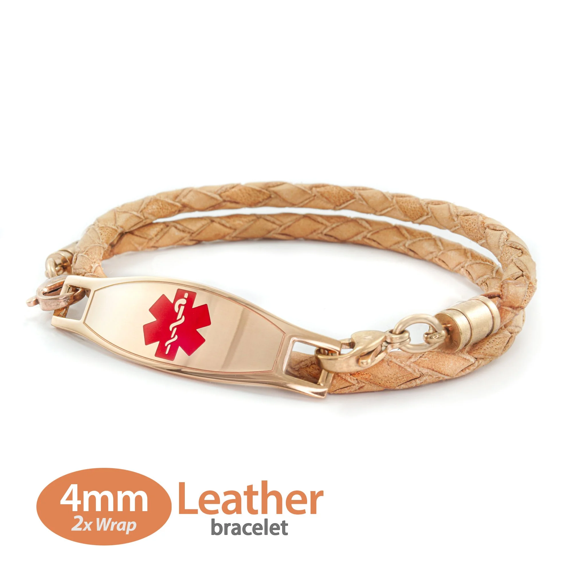 Double Wrap Braided Beige Leather Medical Alert Bracelet in Rose Gold Finish - 4mm (TFLD_4R_2)