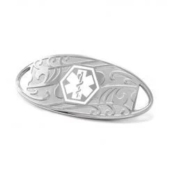 Medical ID Tag in 316L Stainless Steel with White Enamel Filigree Logo (TAG-SWF1)