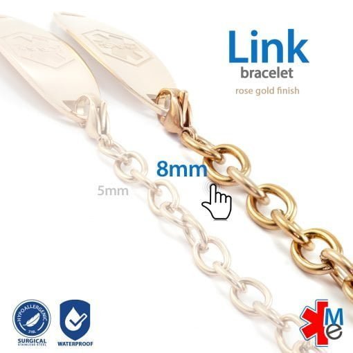 8mm Link Stainless Steel Replacement / Add-on Bracelet in Rose Gold finish (bracelet only - tag not included) - BRAC-LR8