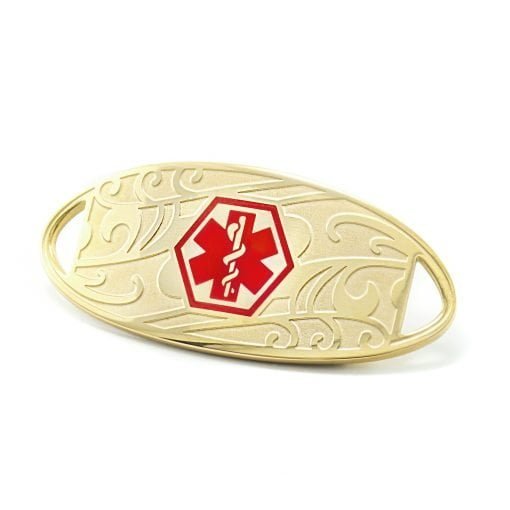 Medical ID Tag in 316L Stainless Steel Yellow Gold Finish with Red Enamel Filigree Logo (TAG-GRF1)