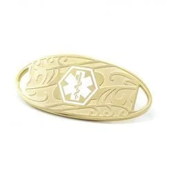 Medical ID Tag in 316L Stainless Steel Yellow Gold Finish with White Enamel Filigree Logo (TAG-GWF1)