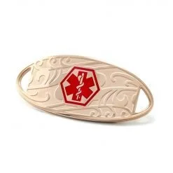 Medical ID Tag in 316L Stainless Steel Rose Gold Finish with Red Enamel Filigree Logo (TAG-RRF1)