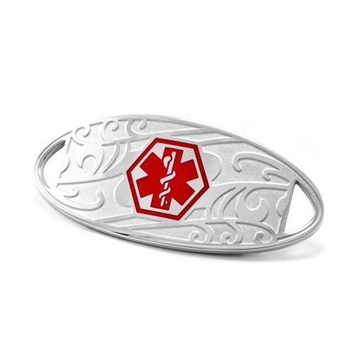 Medical ID Tag in 316L Stainless Steel with Red Enamel Filigree Logo (TAG-SRF1)