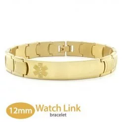 Watch Link Band in 316L Stainless Steel Yellow Gold Finish with Medical ID Tag - 12mm (LK12-GEM)