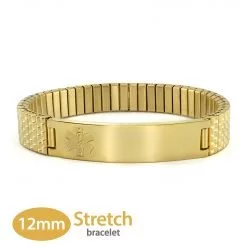 Expandable Stretch Band in 316L Stainless Steel Yellow Gold Finish with Medical ID Tag - 12mm (ST12-GEM)