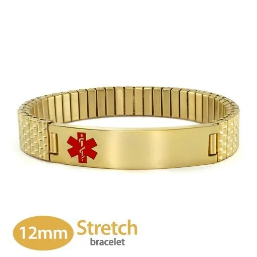 Expandable Stretch Band in 316L Stainless Steel Yellow Gold Finish with Medical ID Tag - 12mm (ST12-GRD)