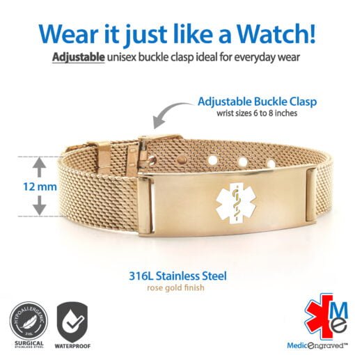 Buckle Clasp Medical ID Mesh Band with Rose Gold Finish - 12mm (MB12-RWT) - Image 2