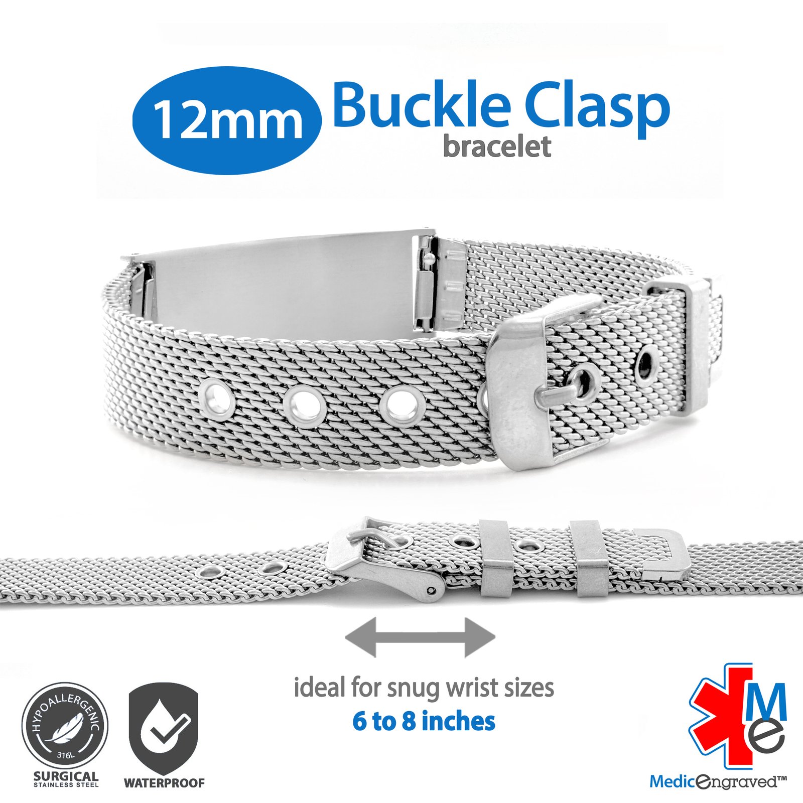 Buckle Clasp Medical ID Mesh Band with Stainless Steel Finish - 12mm  (MF12_SRD)