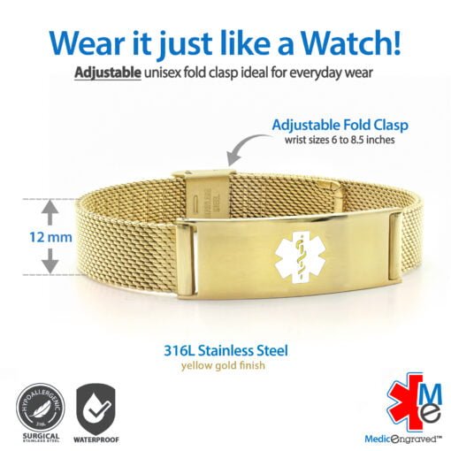 Fold Clasp Medical ID Mesh Band with Yellow Gold Finish - 12mm (MF12_GWT) - Image 2