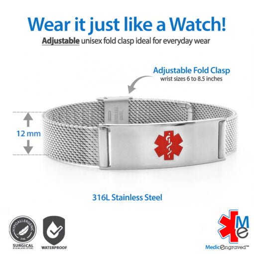 Fold Clasp Medical ID Mesh Band with Stainless Steel Finish - 12mm (MF12_SRD) - Image 2