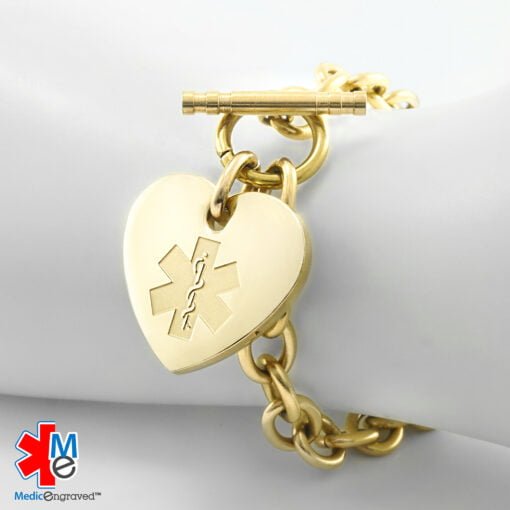 Oval Link 8mm Toggle Bracelet in 316L Stainless Steel Yellow Gold Finish with 24x26mm Heart Medical ID Charm (TLG8-GEM) - Image 3