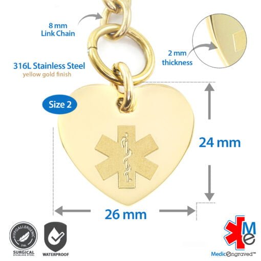 Oval Link 8mm Toggle Bracelet in 316L Stainless Steel Yellow Gold Finish with 24x26mm Heart Medical ID Charm (TLG8-GEM) - Image 5