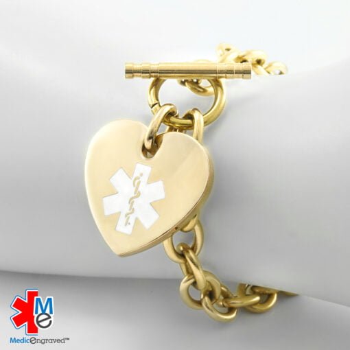 Oval Link 8mm Toggle Bracelet in 316L Stainless Steel Yellow Gold Finish with 24x26mm Heart Medical ID Charm (TLG8-GWT) - Image 3