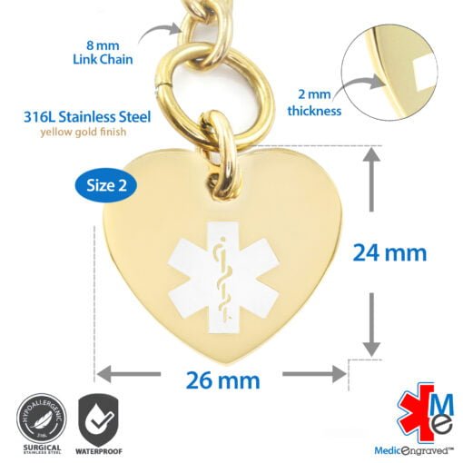 Oval Link 8mm Toggle Bracelet in 316L Stainless Steel Yellow Gold Finish with 24x26mm Heart Medical ID Charm (TLG8-GWT) - Image 5