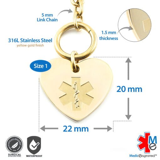 Oval Link 5mm Toggle Bracelet in 316L Stainless Steel Yellow Gold Finish with 20x22mm Heart Medical ID Charm (TSG5-GEM) - Image 4