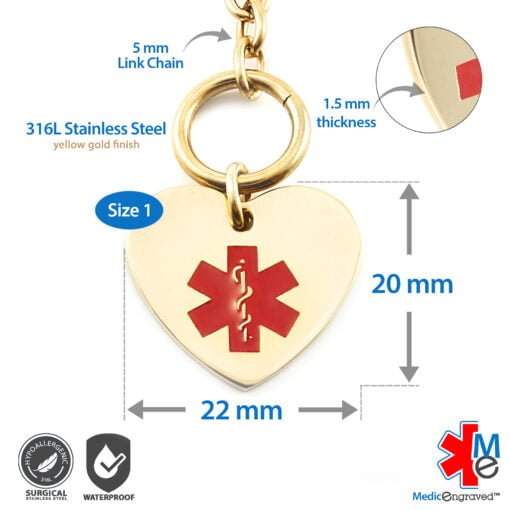 Oval Link 5mm Toggle Bracelet in 316L Stainless Steel Yellow Gold Finish with 20x22mm Heart Medical ID Charm (TSG5-GRD) - Image 4