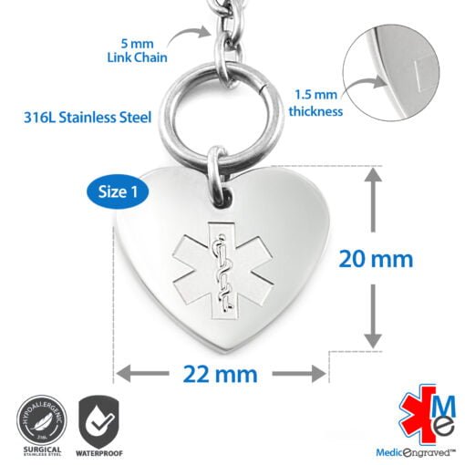 Oval Link 5mm Toggle Bracelet in 316L Stainless Steel with 20x22mm Heart Medical ID Charm (TSS5-SEM) - Image 4