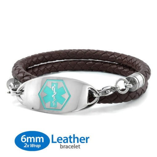 6mm Double Wrap Brown Leather Bracelet with 316L Stainless Steel Medical ID Tag - Engraving Included (BFLD6_1)