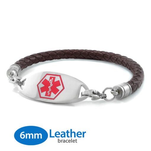 6mm Brown Leather Bracelet with 316L Stainless Steel Medical ID Tag - Engraving Included (BFLS6_1)