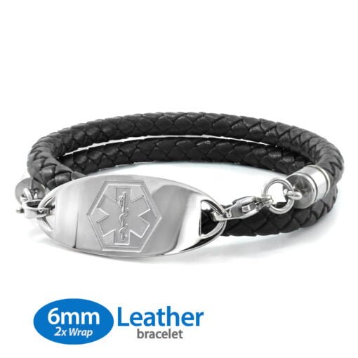 6mm Double Wrap Black Leather Bracelet with 316L Stainless Steel Medical ID Tag - Engraving Included (KFLD6_1)