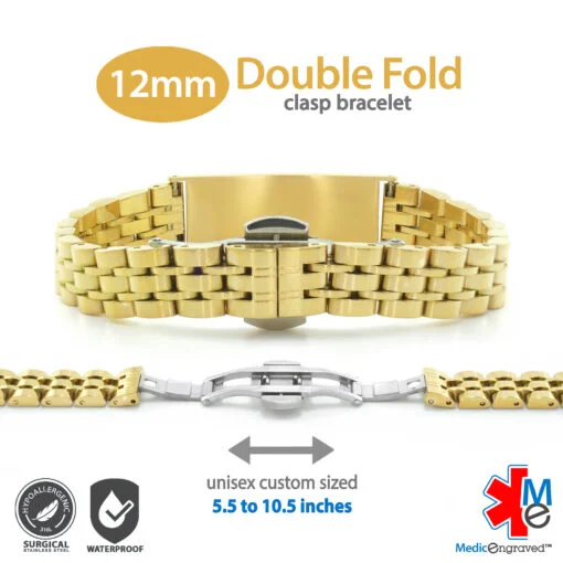 Double Fold Fancy Link Watch Band in 316L Stainless Steel Yellow Gold Finish - 12mm (LD12-GWT) - Image 3