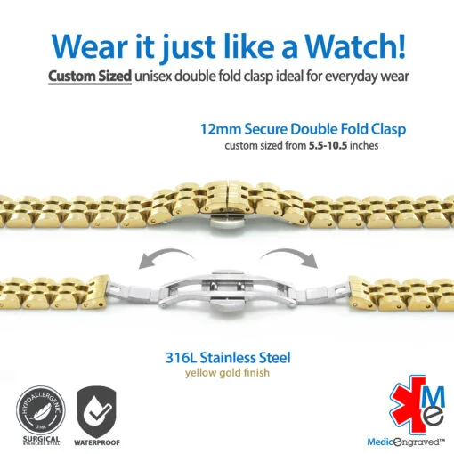 Double Fold Fancy Link Watch Band in 316L Stainless Steel Yellow Gold Finish - 12mm (LD12-GWT) - Image 4