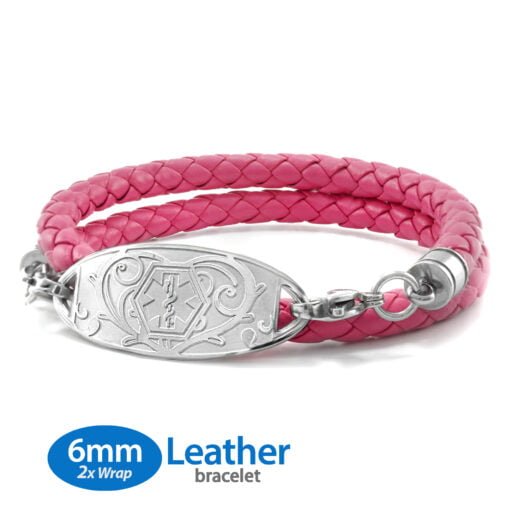 6mm Double Wrap Pink Leather Bracelet with 316L Stainless Steel Medical ID Tag - Engraving Included (PFLD6_1)