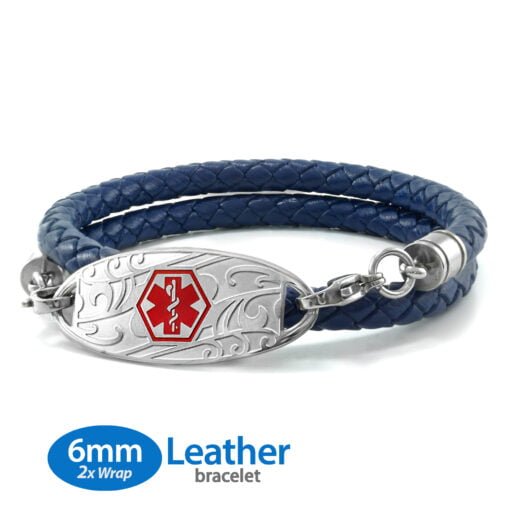 6mm Double Wrap Blue Leather Bracelet with 316L Stainless Steel Medical ID Tag - Engraving Included (UFLD6_1)