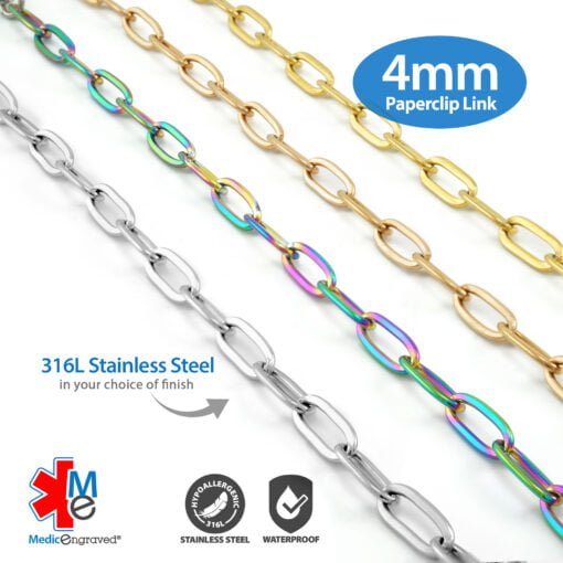 4mm Paperclip Link in Stainless Steel - Replacement / Add-on Bracelet (bracelet only - tag not included) - BRAC-PCS4 - Image 3