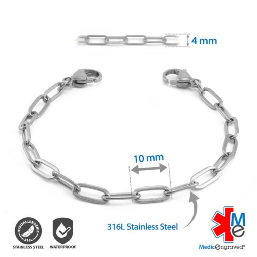 4mm Paperclip Link in Stainless Steel - Replacement / Add-on Bracelet (bracelet only - tag not included) - BRAC-PCS4 - Image 2