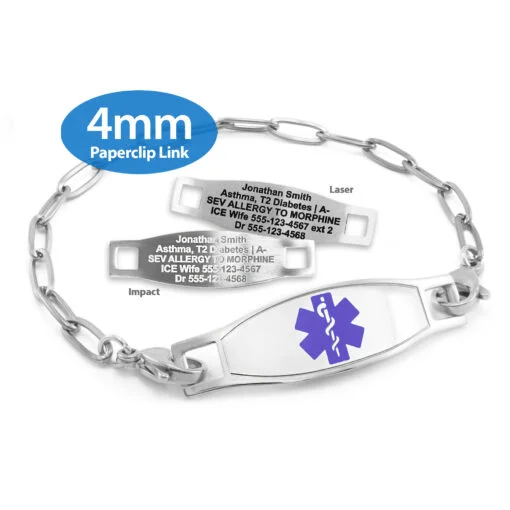 Paperclip Link Bracelet in 316L Stainless Steel with Medical ID Tag - 4mm (PCS4-2)