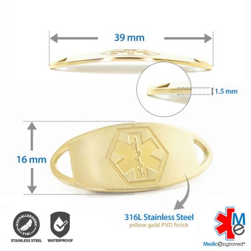 Medical ID Tag in 316L Stainless Steel Yellow Gold Finish with Embossed Logo (TAG-GEM1) - Image 3