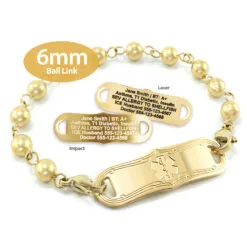 Solid Ball Link Bracelet in Stainless Steel Yellow Gold Finish with Medical ID Tag - 6mm (BLG6-3)