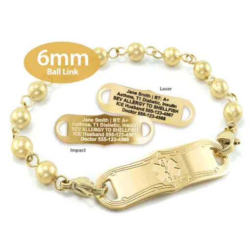 Solid Ball Link Bracelet in Stainless Steel Yellow Gold Finish with Medical ID Tag - 6mm (BLG6-3)