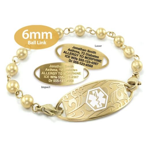 Solid Ball Link Bracelet in Stainless Steel Yellow Gold Finish with Medical ID Tag - 6mm (BLG6-1)