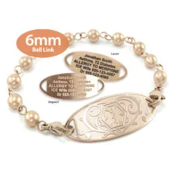Solid Ball Link Bracelet in Stainless Steel Rose Gold Finish with Medical ID Tag - 6mm (BLR6-1)
