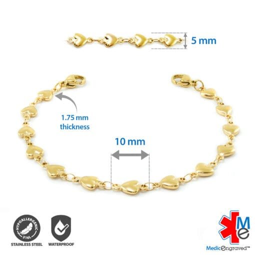 5mm Heart Link Stainless Steel Replacement / Add-on Bracelet in Yellow Gold finish (bracelet only - tag not included) - BRAC-HTG5 - Image 2