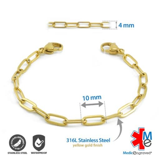 4mm Paperclip Link in Stainless Steel Yellow Gold Finish - Replacement / Add-on Bracelet (bracelet only - tag not included) - BRAC-PCG4 - Image 2