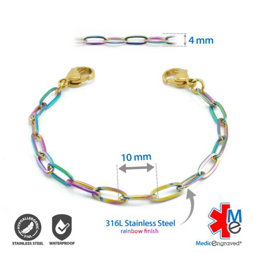 4mm Paperclip Link in Stainless Steel Yellow Gold Rainbow Finish - Replacement / Add-on Bracelet (bracelet only - tag not included) - BRAC-PCGR4 - Image 2