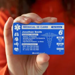 Medical ID Card, Personalized Medical Alert Emergency Wallet Card, Laser Engraved on Blue or Red Anodized Aluminum (CARD-BLU)