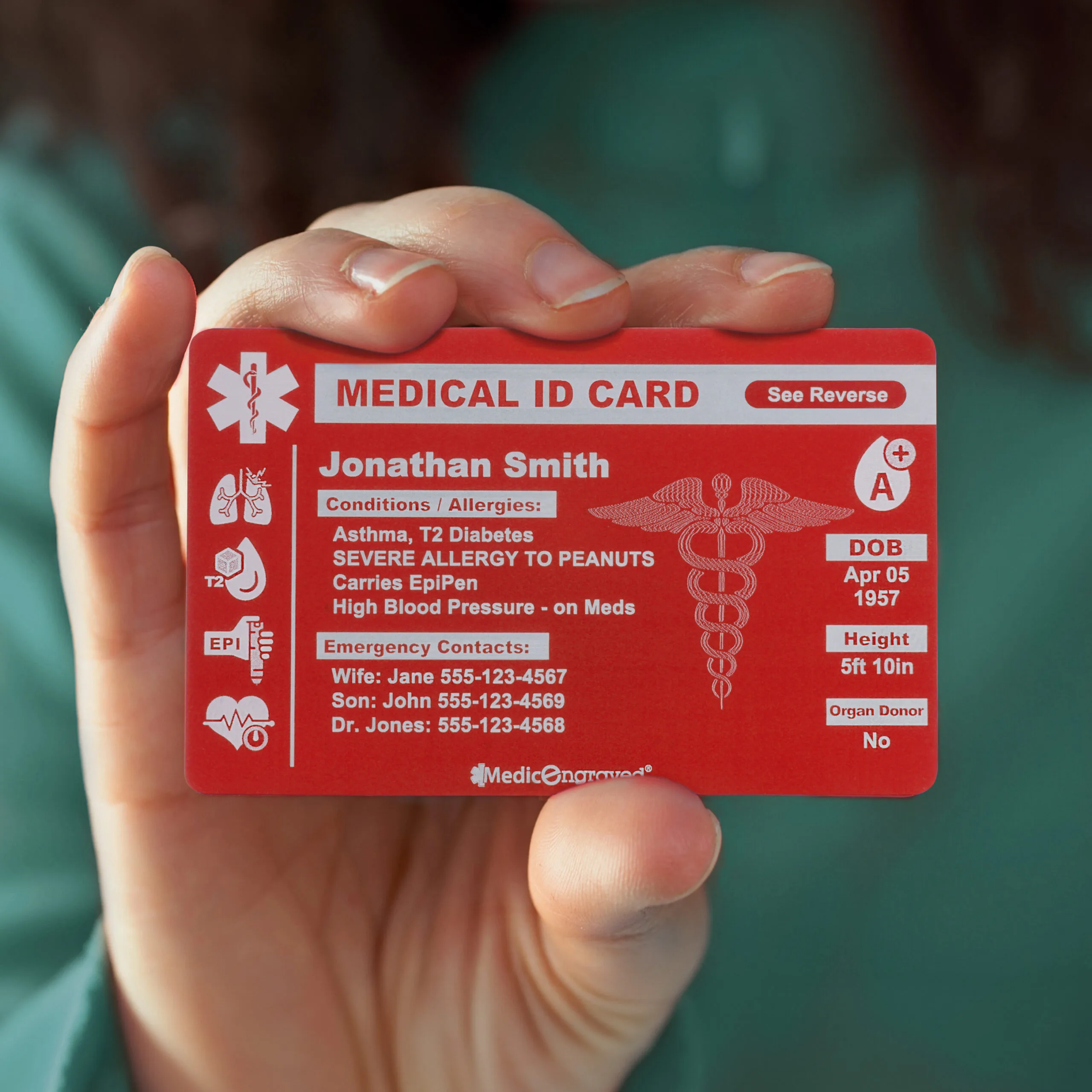 Medical ID Card, Personalized Medical Alert Emergency Wallet Card, Laser Engraved on Blue or Red Anodized Aluminum (CARD-RED)
