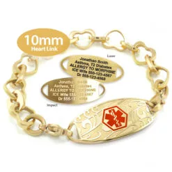 Heart Bracelet in Stainless Steel Yellow Gold Finish with Medical ID Tag - 10mm (HTG10-1)